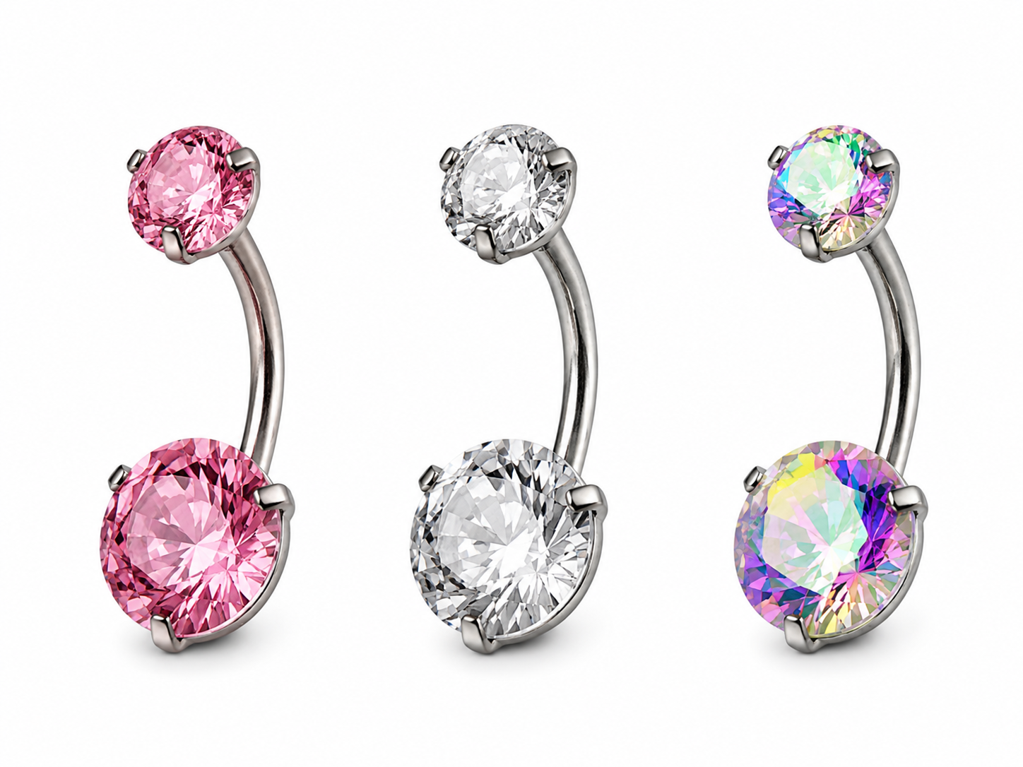 Piercing de ombligo en acero quirúrgico 316L con zirconia grado 5A de alto brillo. Joya hipoalergénica, resistente y pulida espejo, ideal para uso diario con terminación premium.