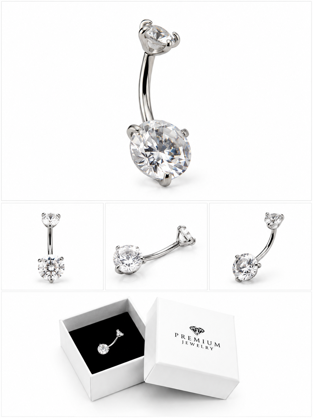 Piercing de ombligo en acero quirúrgico 316L con zirconia grado 5A de alto brillo. Joya hipoalergénica, resistente y pulida espejo, ideal para uso diario con terminación premium.
