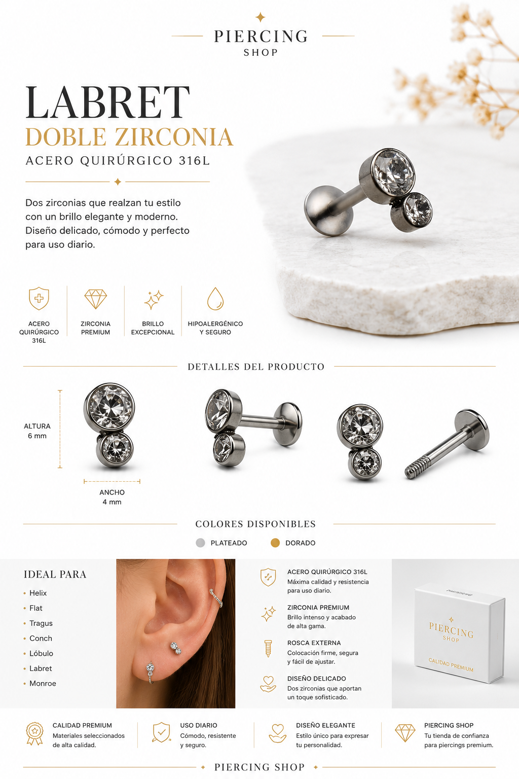 piercing labret doble strass acero