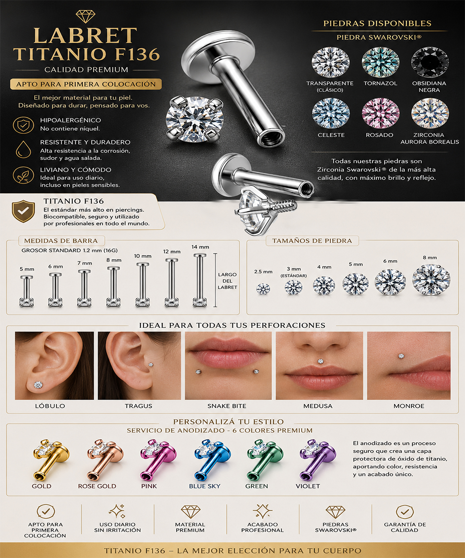 labret titanio f136 zircon swarovski