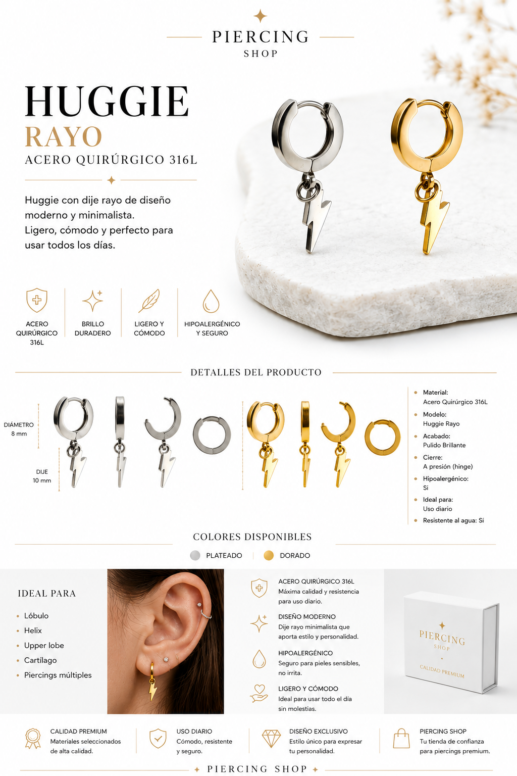 piercing huggie rayo acero quirurgico