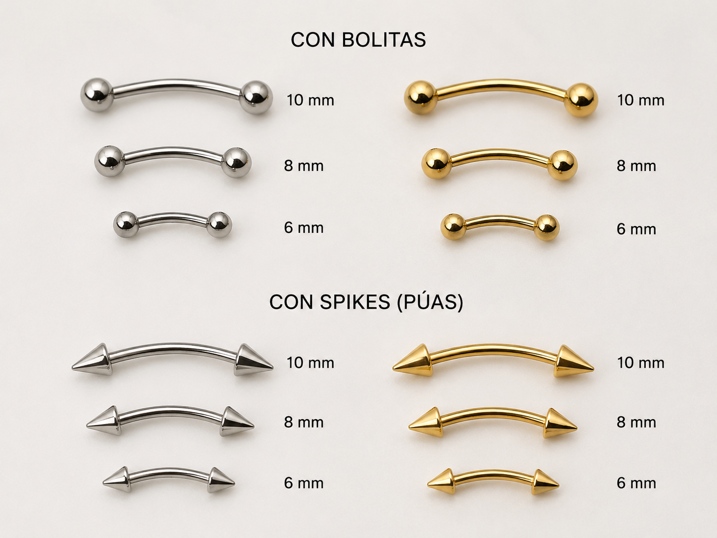 piercing ceja titanio plateado y dorado bolita y púa piercing shop