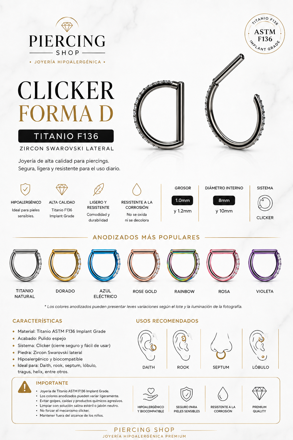 Arito Daith Clicker Forma D fabricado en titanio ASTM F136 grado implante con zirconias Swarovski engarzadas lateralmente. Diseño elegante, liviano, libre de níquel y apto para uso diario. Disponible en 1.0 mm y 1.2 mm de grosor con diámetros internos de 8 mm y 10 mm.