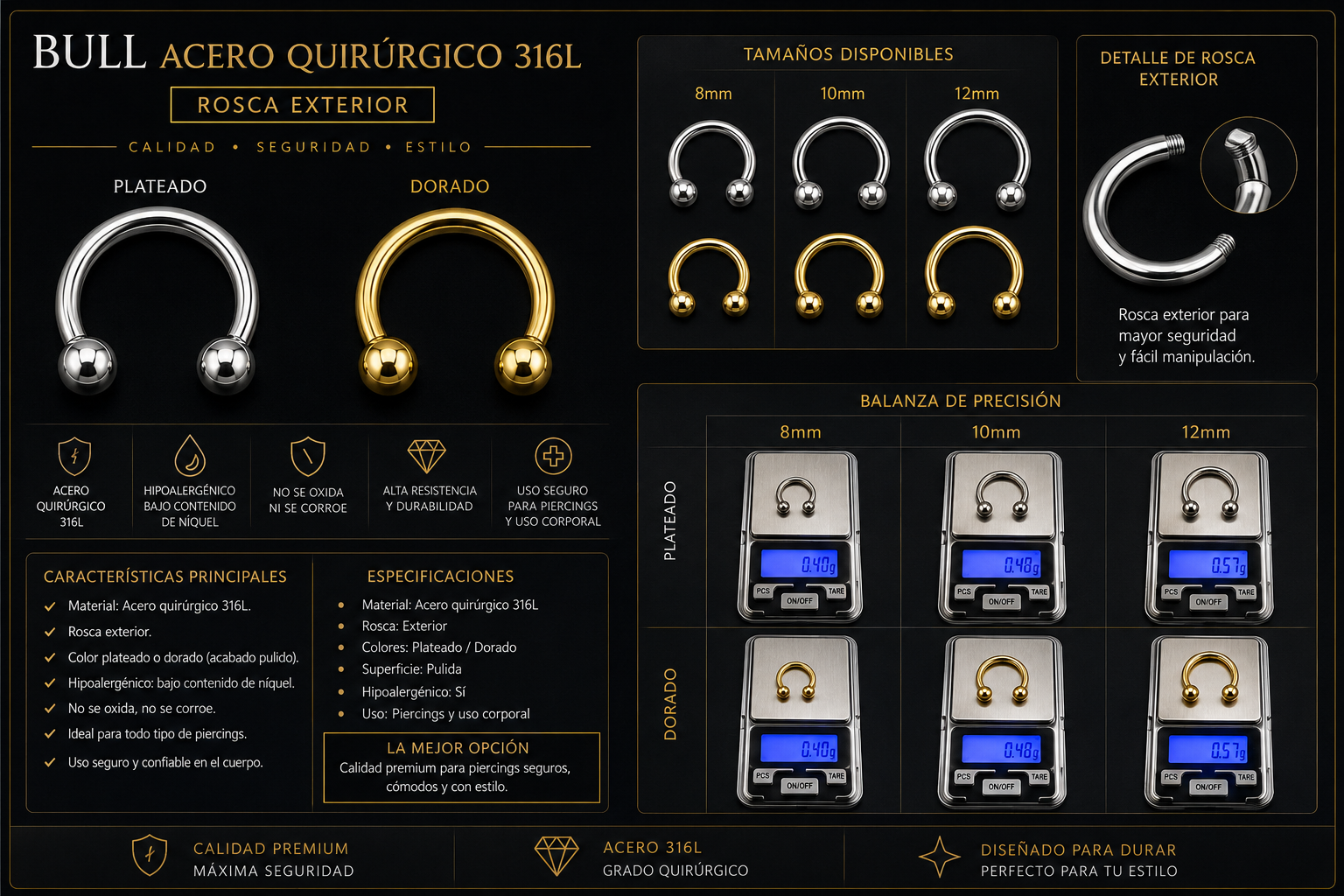 Piercing Bull Acero Quirúrgico 316L - Image 2