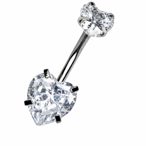 Piercing ombligo doble corazón acero quirúrgico 316L con zirconias 5A transparentes y acabado plateado.