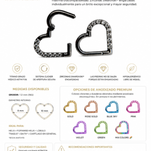 Piercing Corazón Titanio F136 Swarovski Stones con sistema Clicker disponible en 1.2x8 mm y 1.2x10 mm.