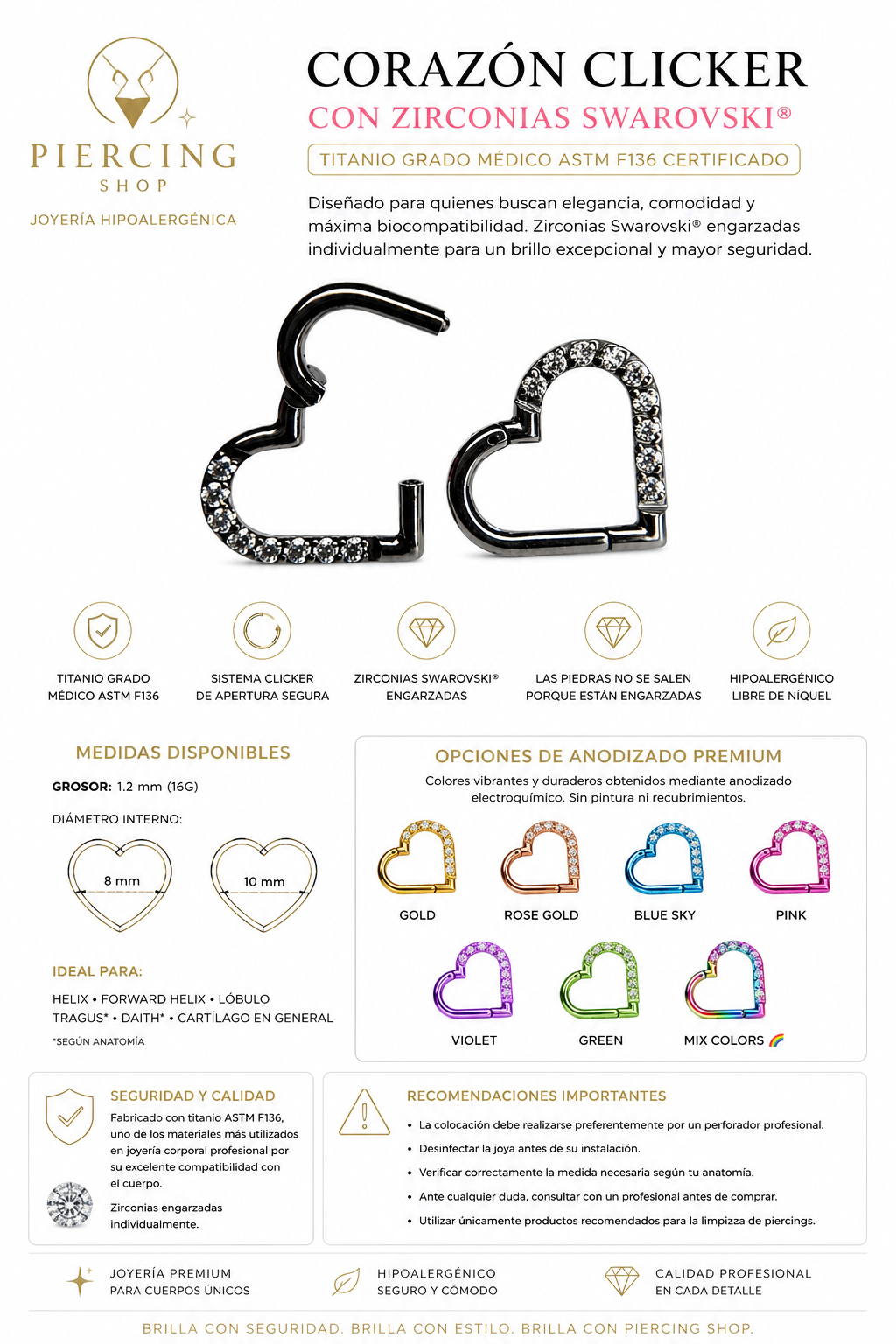 Piercing Corazón Titanio F136 Swarovski Stones con sistema Clicker disponible en 1.2x8 mm y 1.2x10 mm.