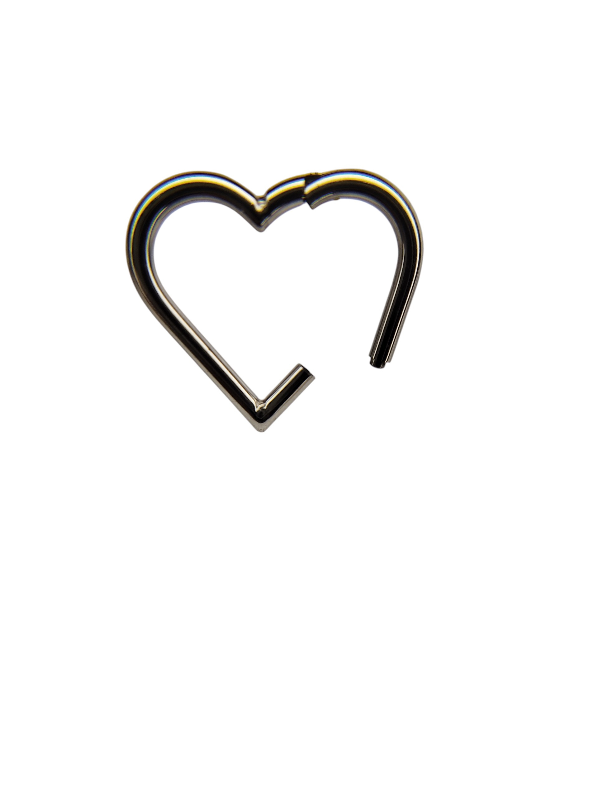 Piercing corazón clicker de acero quirúrgico 316L liso con grosor de 1.2 mm, disponible en diámetros de 8 mm y 10 mm, colores plateado y negro.