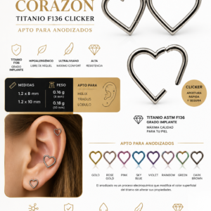 Piercing Corazón Titanio F136 Clicker apto para anodizados disponible en medidas 1.2x8 mm y 1.2x10 mm para Helix, Tragus y Lóbulo.