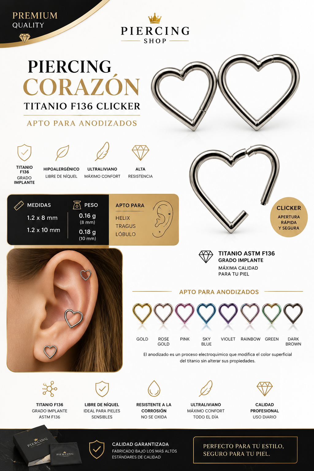 Piercing Corazón Titanio F136 Clicker apto para anodizados disponible en medidas 1.2x8 mm y 1.2x10 mm para Helix, Tragus y Lóbulo.