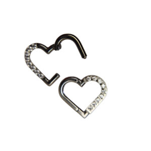 Piercing Corazón Clicker con Zirconias 5A Acero Quirúrgico 316L plateado 1.2x8 mm y 1.2x10 mm.