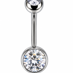 Piercing Ombligo Titanio F136 color plateado con dos zirconias Swarovski de alto brillo.
