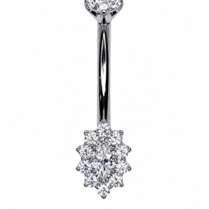 Piercing para ombligo de Titanio Grado Médico F136 ASTM con zirconias Swarovski® diseño floral Marquise de 1.6 x 10 mm.