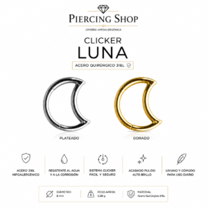 Piercing Luna Clicker de acero quirúrgico 316L con espesor de 1.2 mm, disponible en medidas 1.2x8 mm y 1.2x10 mm, en color plateado y dorado.