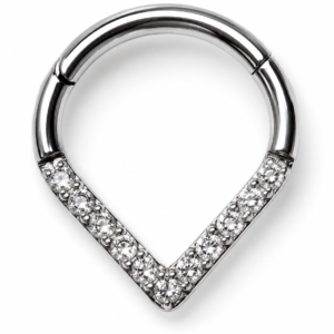 Piercing Gota Strass 5A Acero Quirúrgico 316L con sistema Clicker de apertura fácil, espesor de 1.2 mm, diámetro interno de 8 mm y peso de 0.24 g.