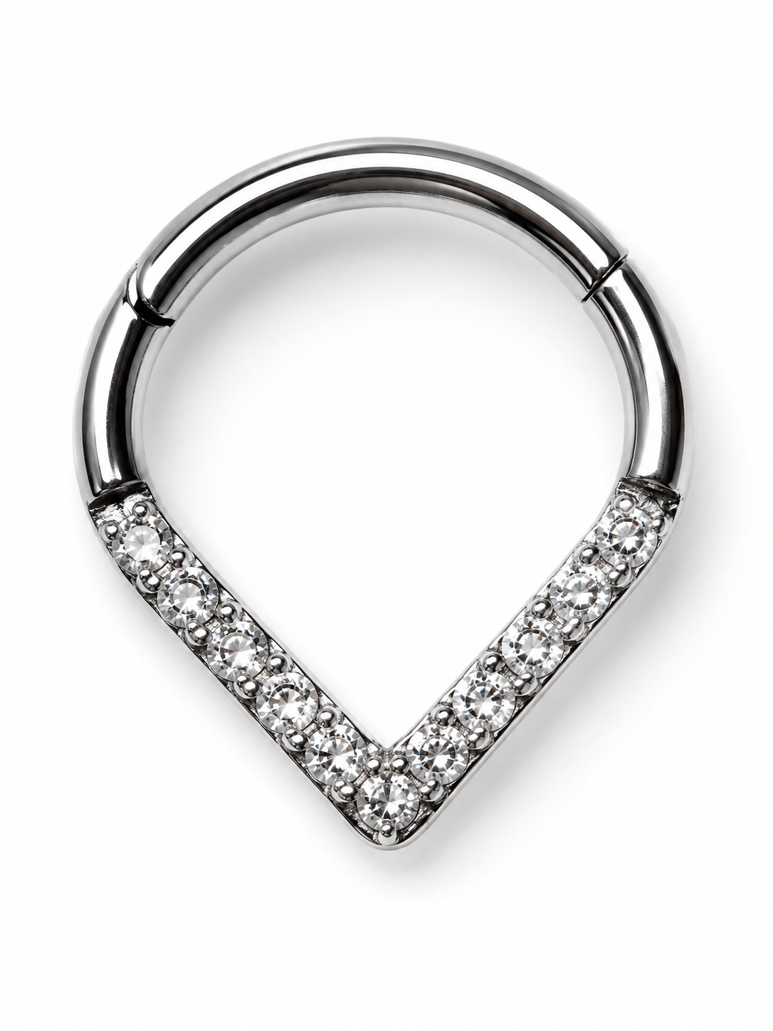 Piercing Gota Strass 5A Acero Quirúrgico 316L con sistema Clicker de apertura fácil, espesor de 1.2 mm, diámetro interno de 8 mm y peso de 0.24 g.